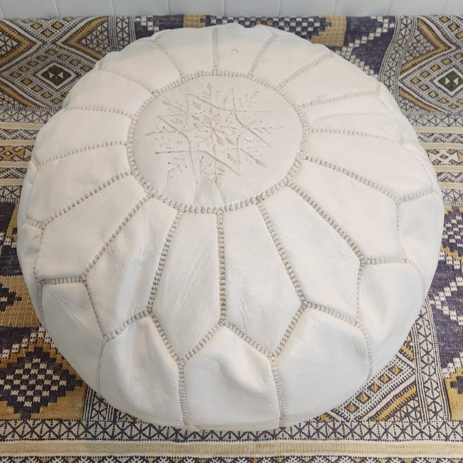 Moroccan Leather Pouffe/ White