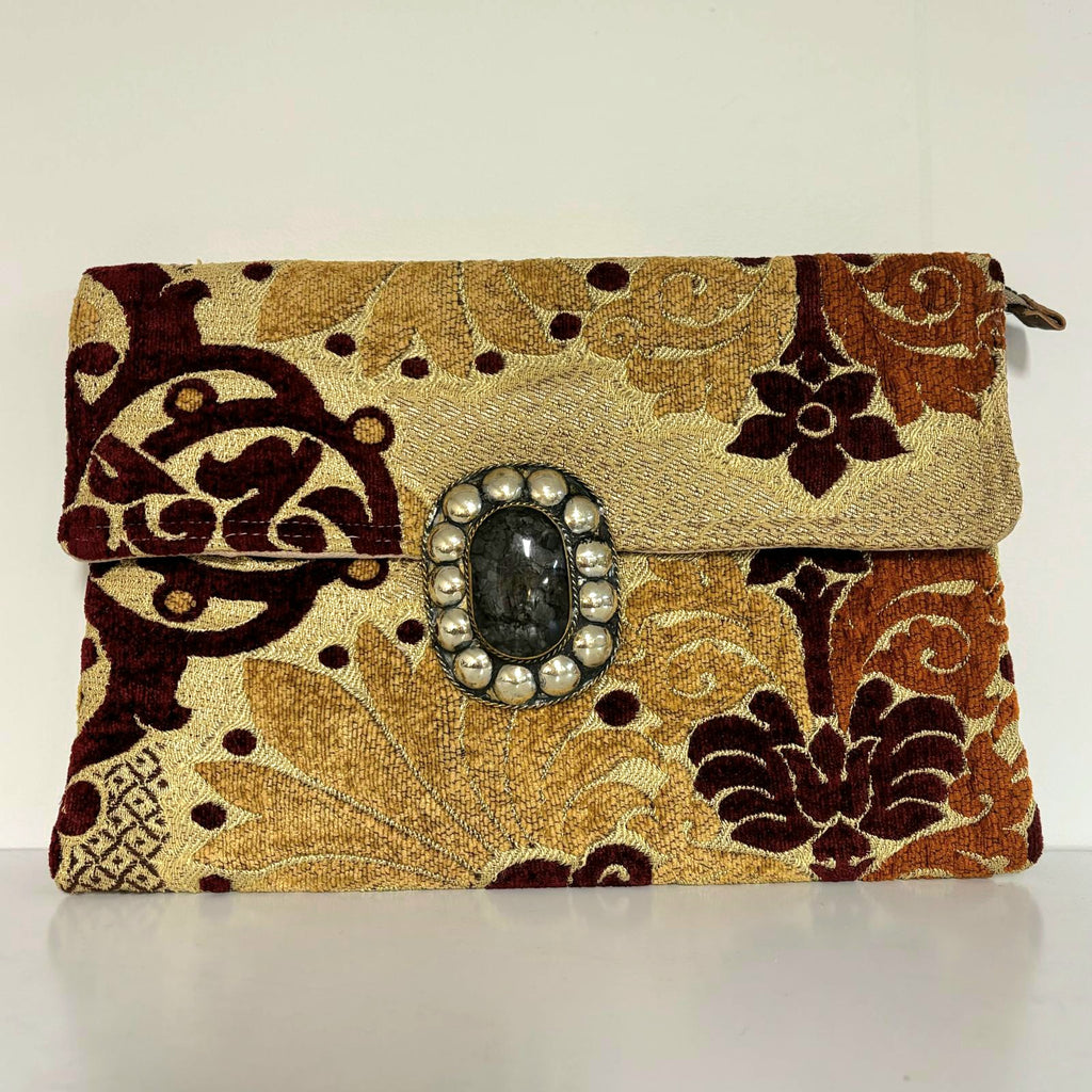 Handcrafted Moroccan upcycled vintage clutch bag front