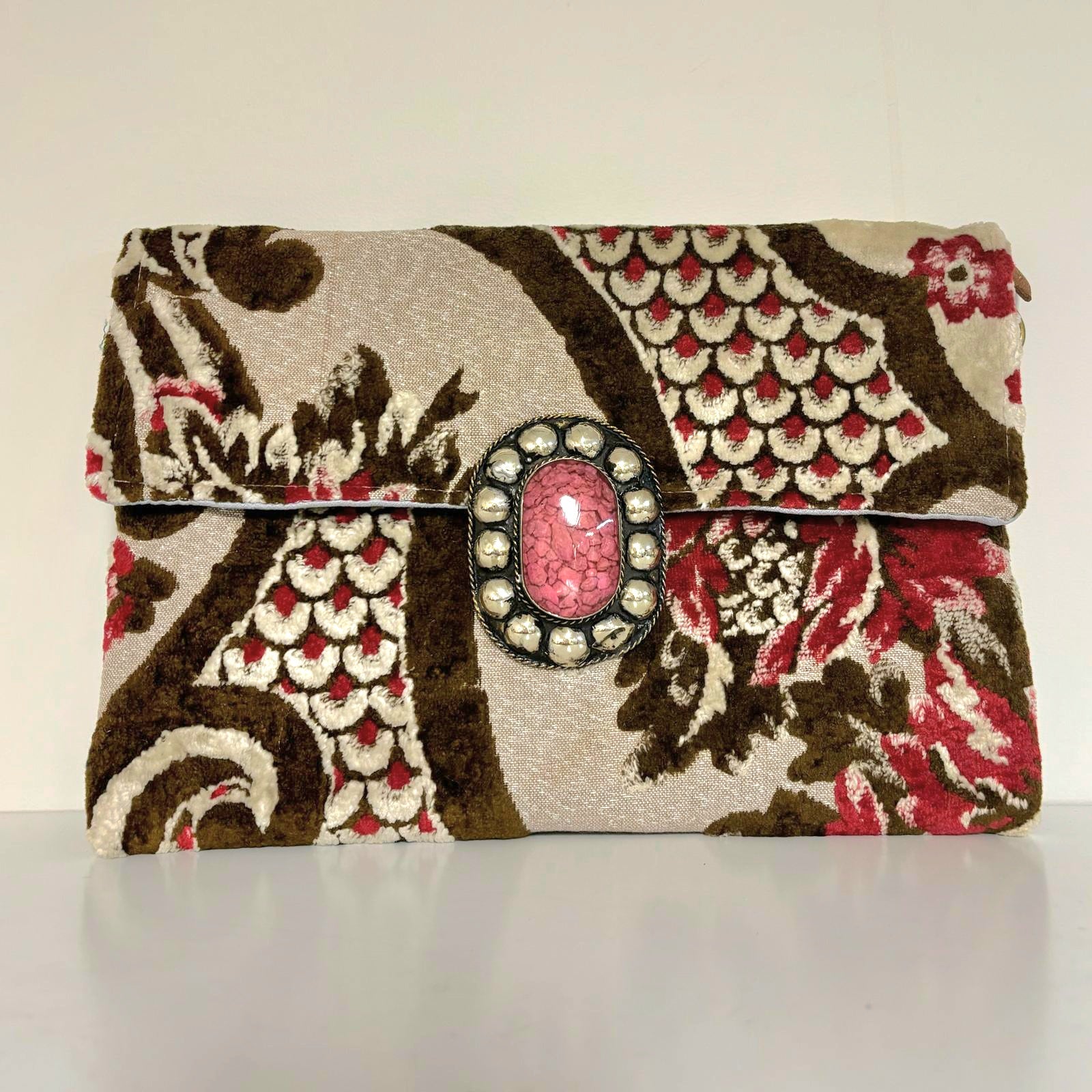 Handcrafted Moroccan upcycled vintage clutch bag front