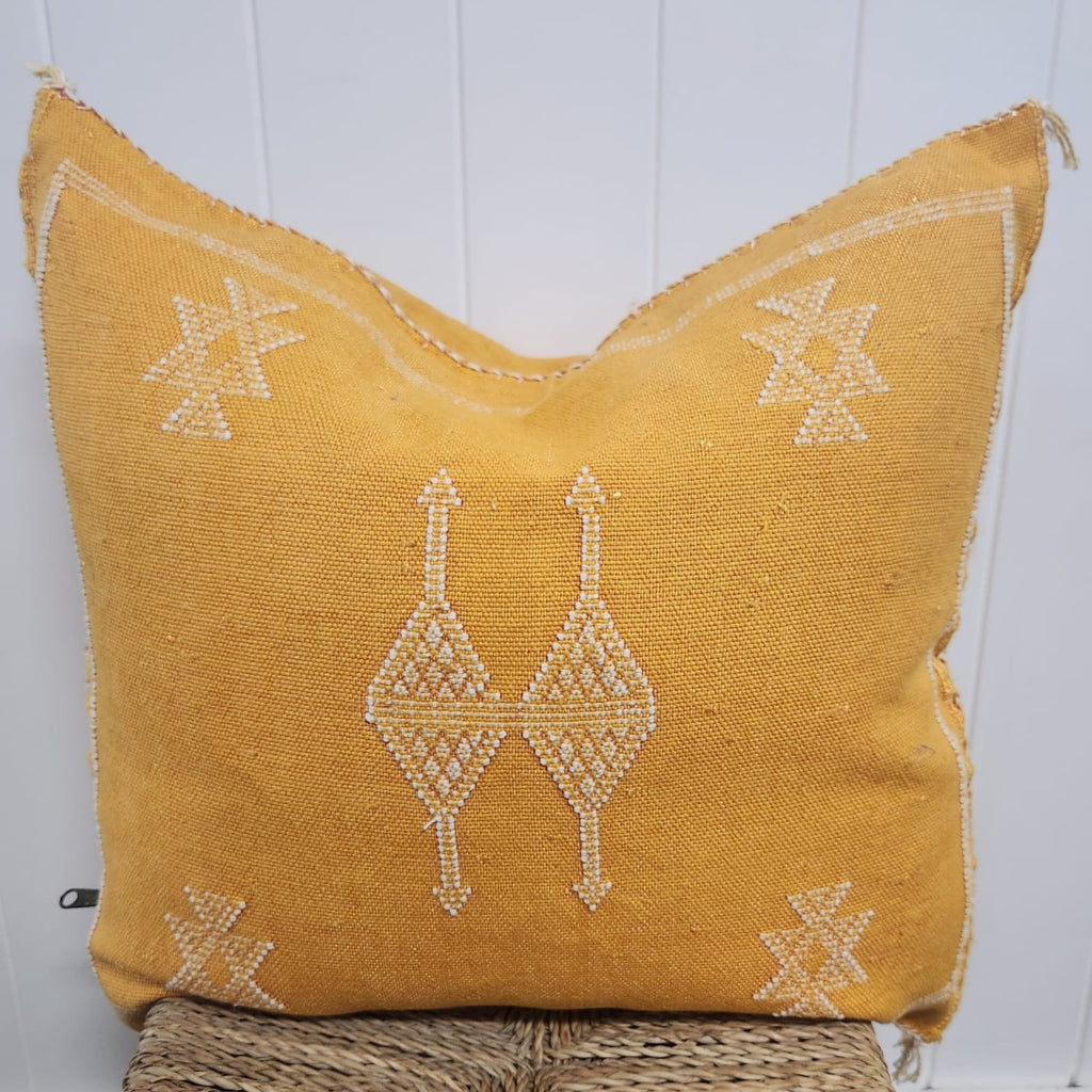 Butter yellow 50x50cm cactus silk cushion with white stitching 