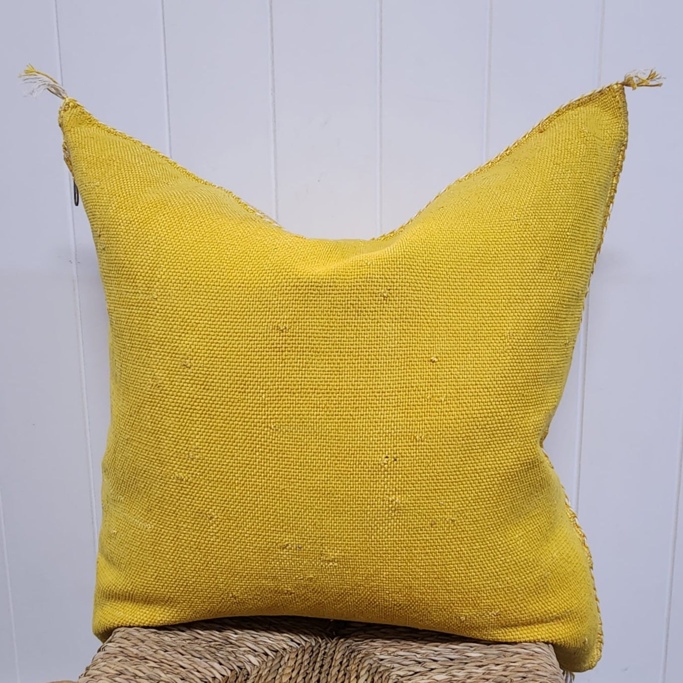 Cactus Silk Cushion// Bright Yellow, white & pink stitching