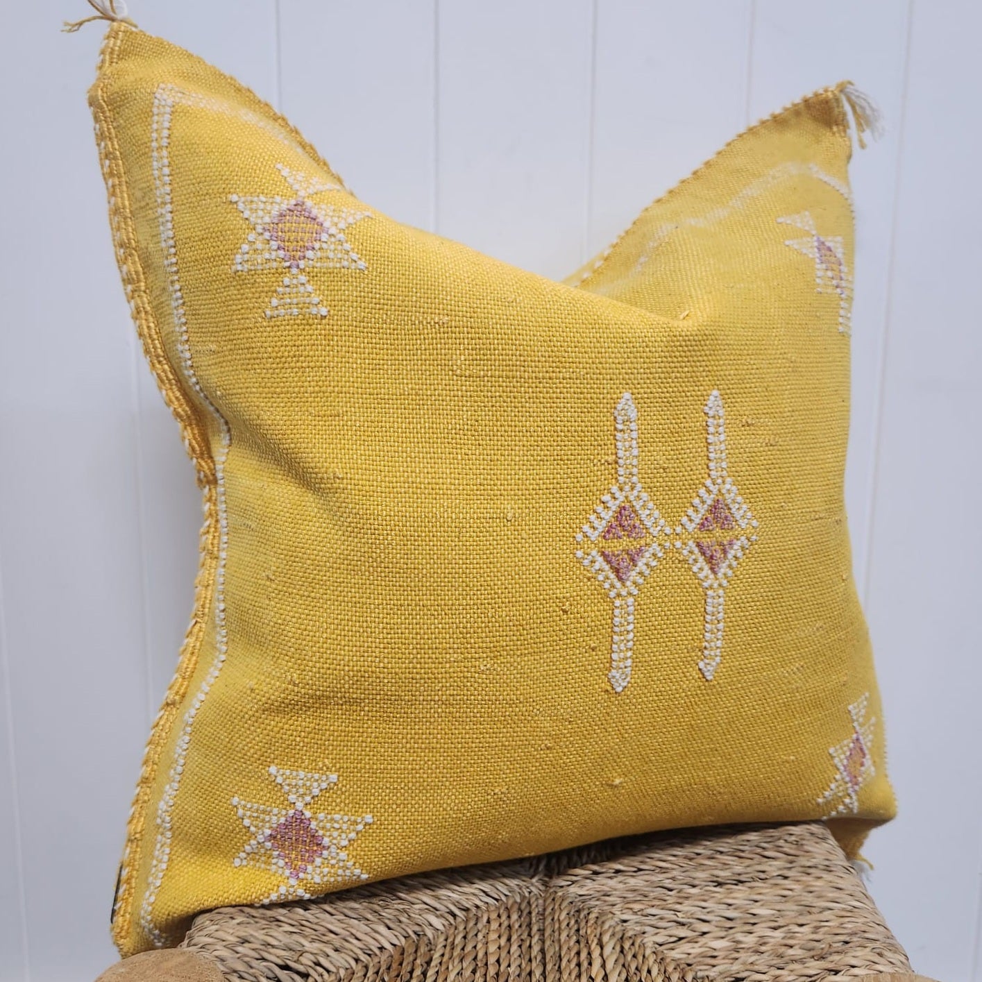 Cactus Silk Cushion// Bright Yellow, white & pink stitching