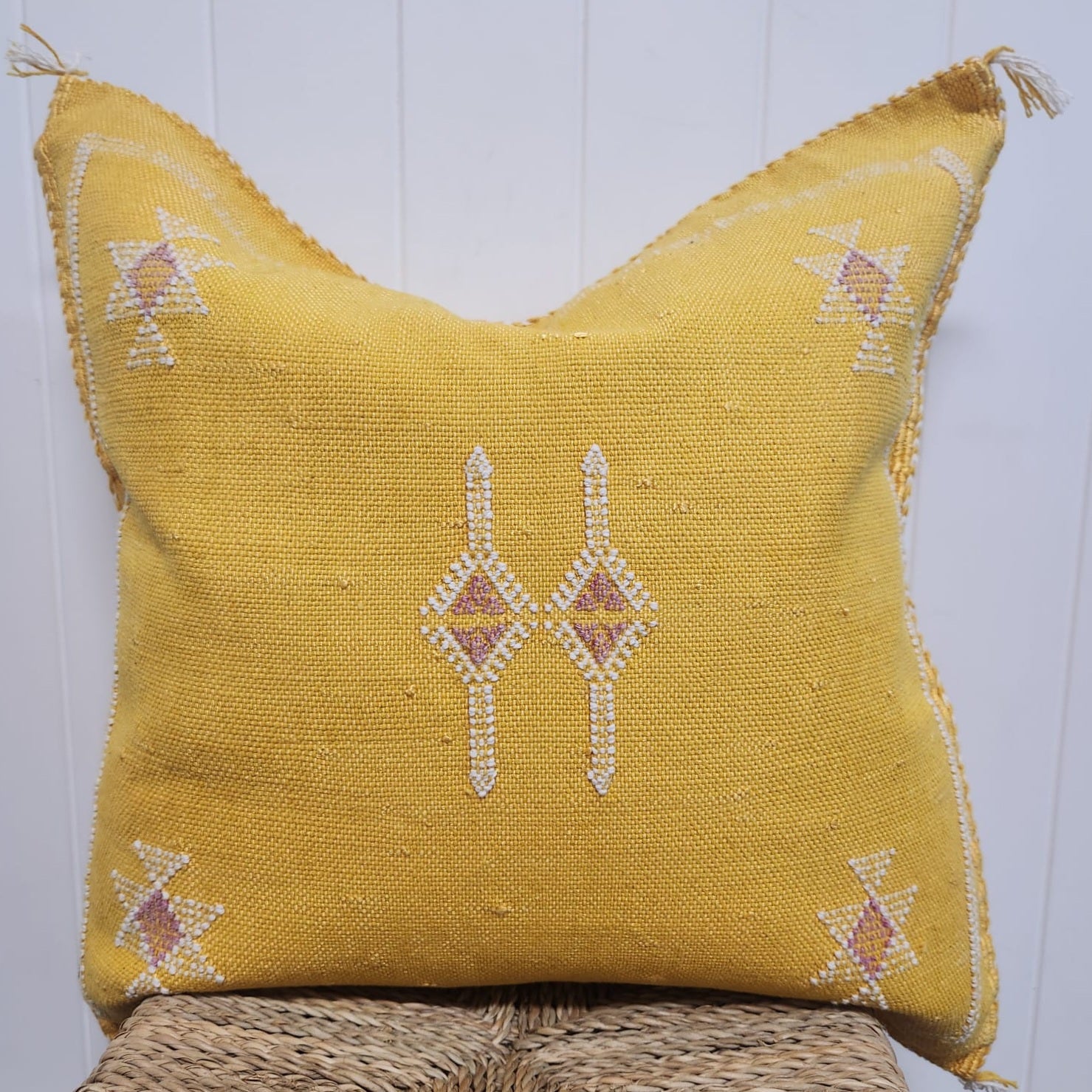 Cactus Silk Cushion// Bright Yellow, white & pink stitching