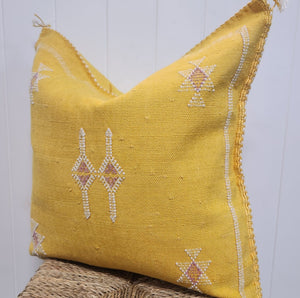 Cactus Silk Cushion// Bright Yellow, white & pink stitching