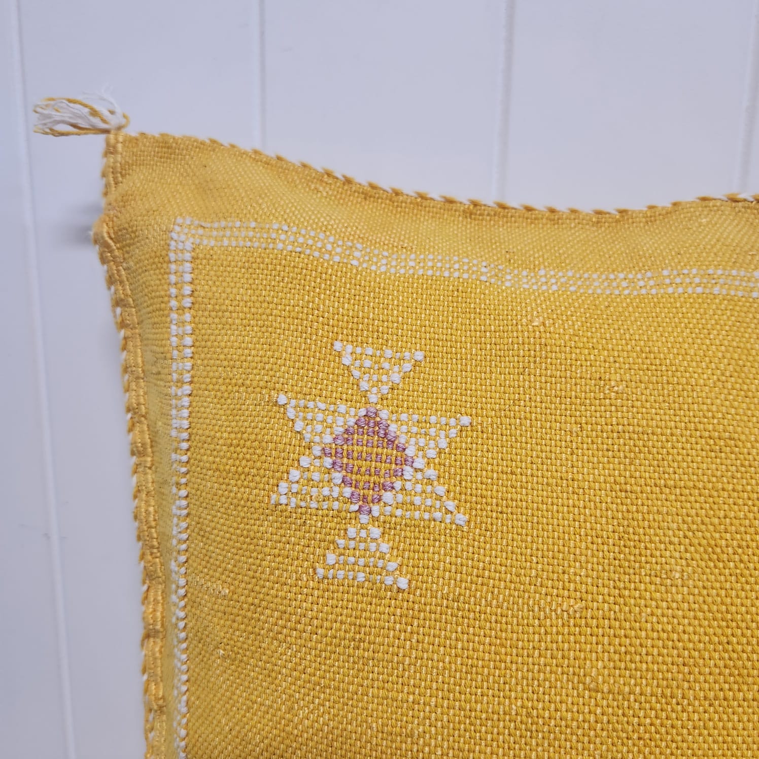 Cactus Silk Cushion// Bright Yellow, white & pink stitching