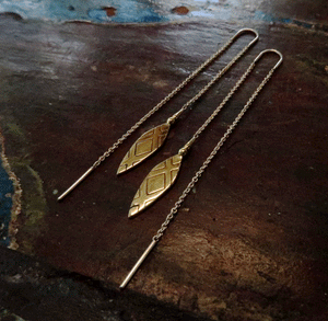 Threader feather shaped dangle brass earrings 